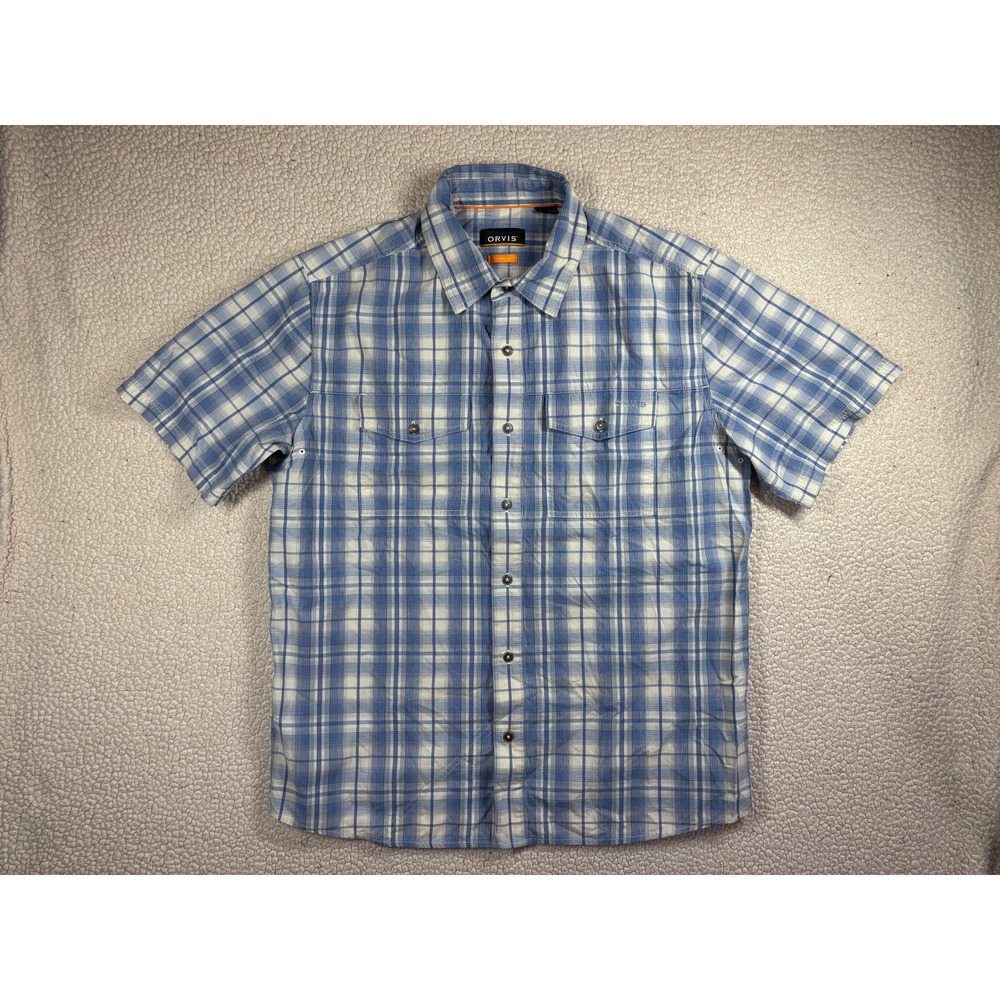 Orvis Active Fit Men's Large Blue/White Plaid Short Sleeve Button Down Shirt